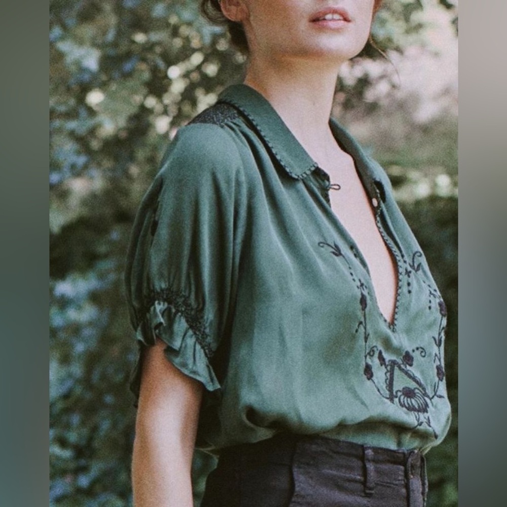The GREAT sage coloured blouse with black embroidery.